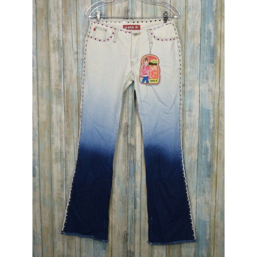 NWT Vintage Zana Di Y2K Low Rise Flare Jeans Ombre Studded Hipster Size 3